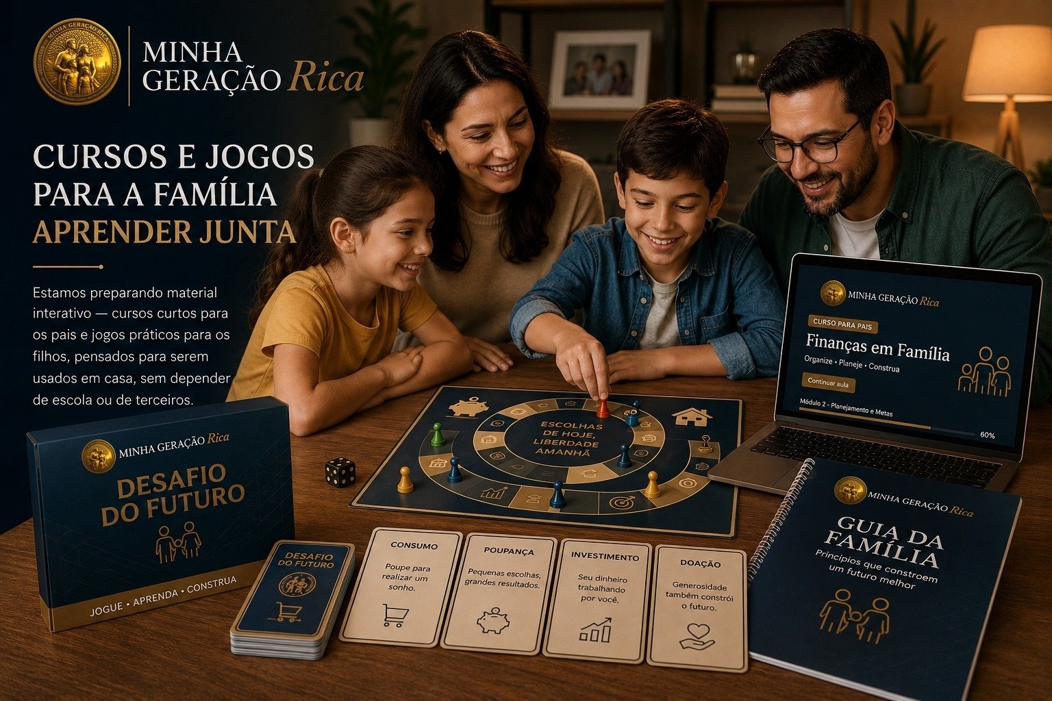 Família reunida jogando e assistindo ao curso Finanças em Família