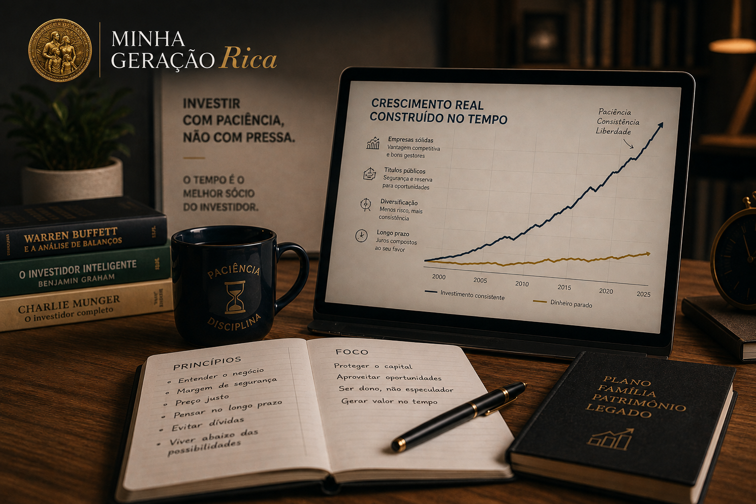 Mesa de trabalho com livros de investimento, notebook com gráfico de crescimento e caderno de princípios: investir com paciência, não com pressa